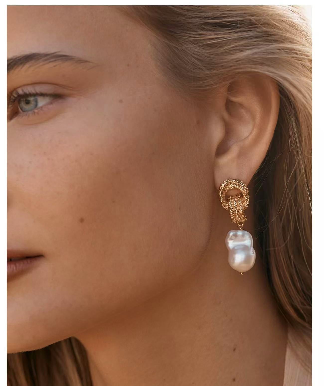 Vintage Lava Textured Double Interlock Ring Pearl Drop Earrings - floysun