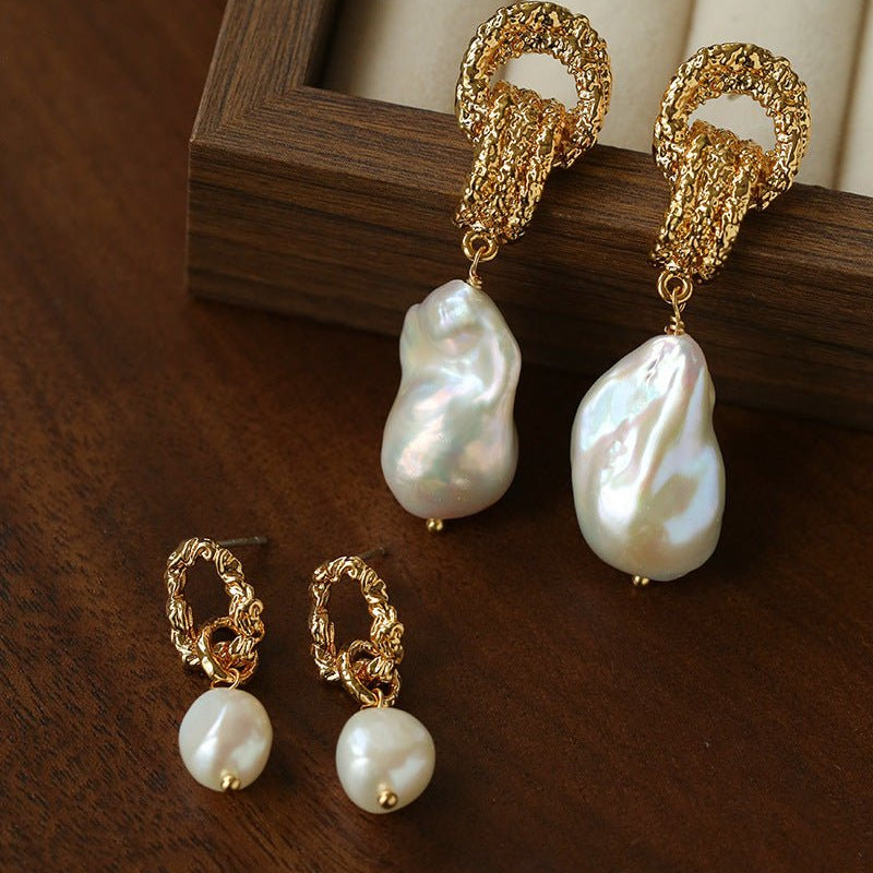 Vintage Lava Textured Double Interlock Ring Pearl Drop Earrings - floysun