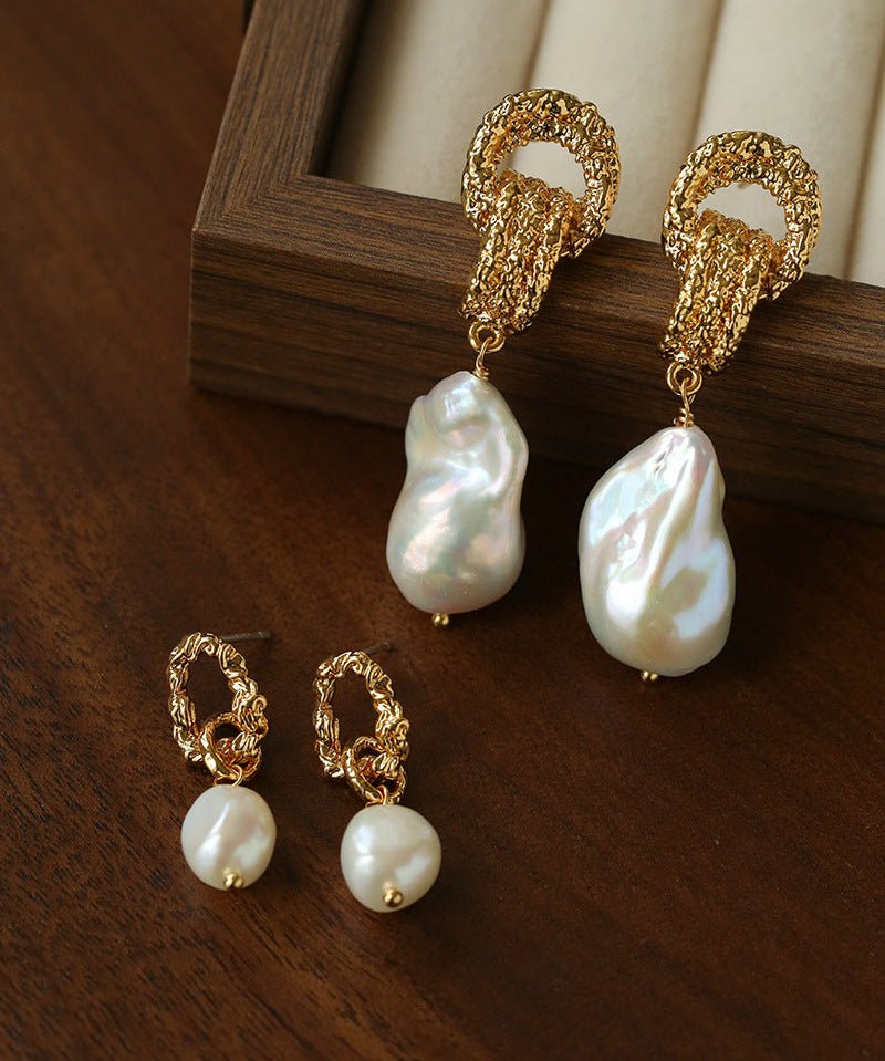 Vintage Lava Textured Double Interlock Ring Pearl Drop Earrings - floysun