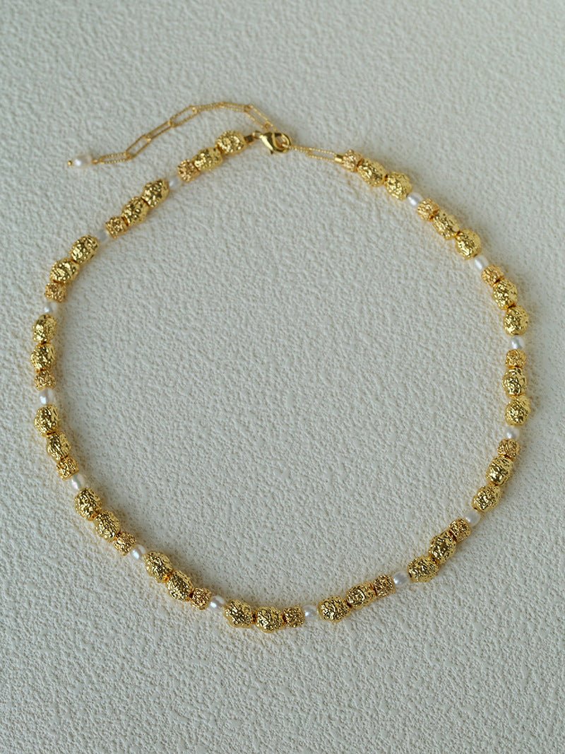 Vintage Lava Textured Gold Bean Freshwater Pearl Collarbone Necklace - floysun