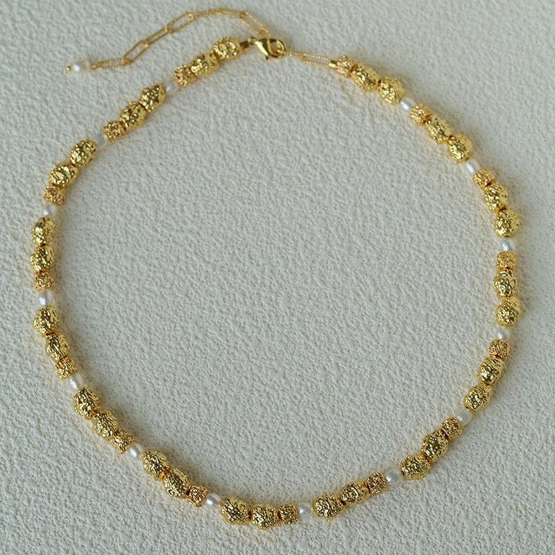 Vintage Lava Textured Gold Bean Freshwater Pearl Collarbone Necklace - floysun