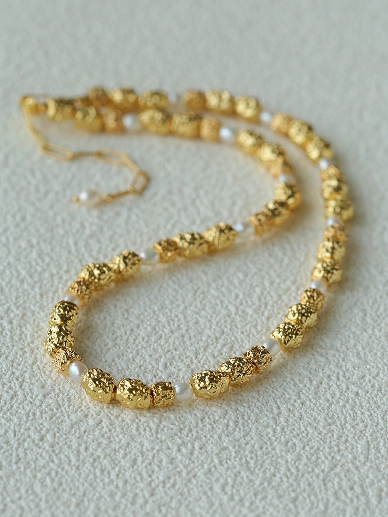 Vintage Lava Textured Gold Bean Freshwater Pearl Collarbone Necklace - floysun