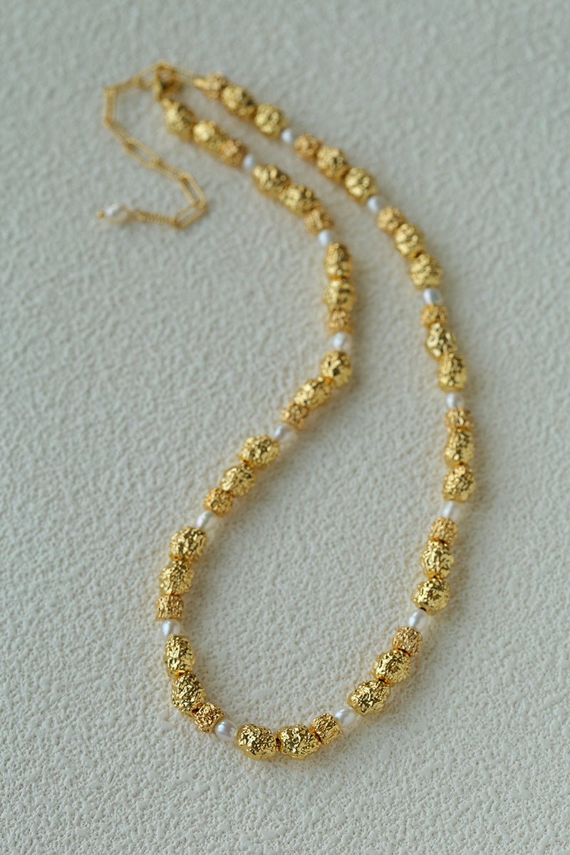 Vintage Lava Textured Gold Bean Freshwater Pearl Collarbone Necklace - floysun