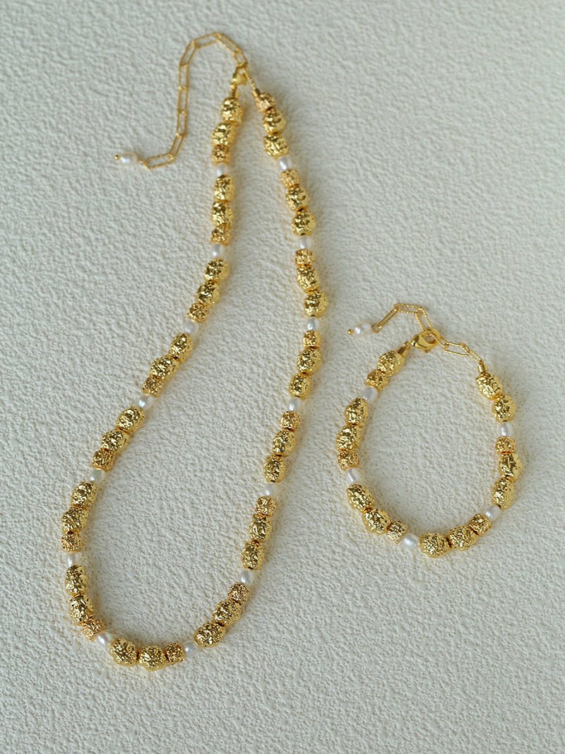 Vintage Lava Textured Gold Bean Freshwater Pearl Collarbone Necklace - floysun