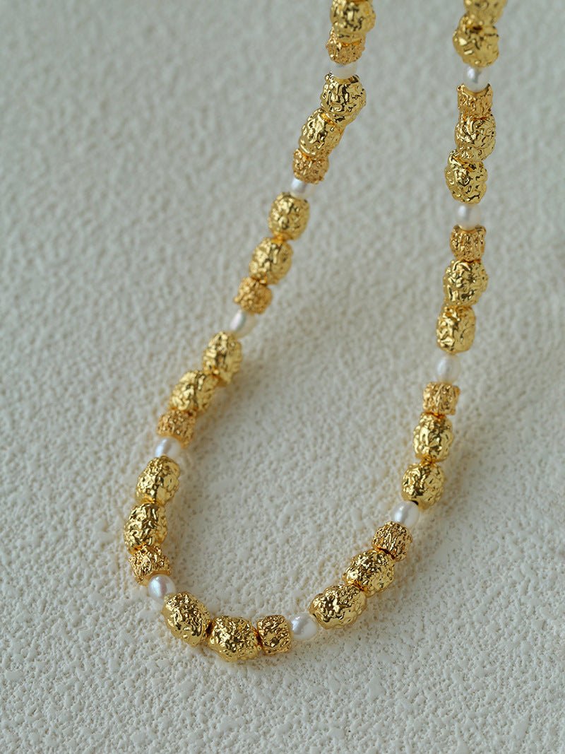 Vintage Lava Textured Gold Bean Freshwater Pearl Collarbone Necklace - floysun