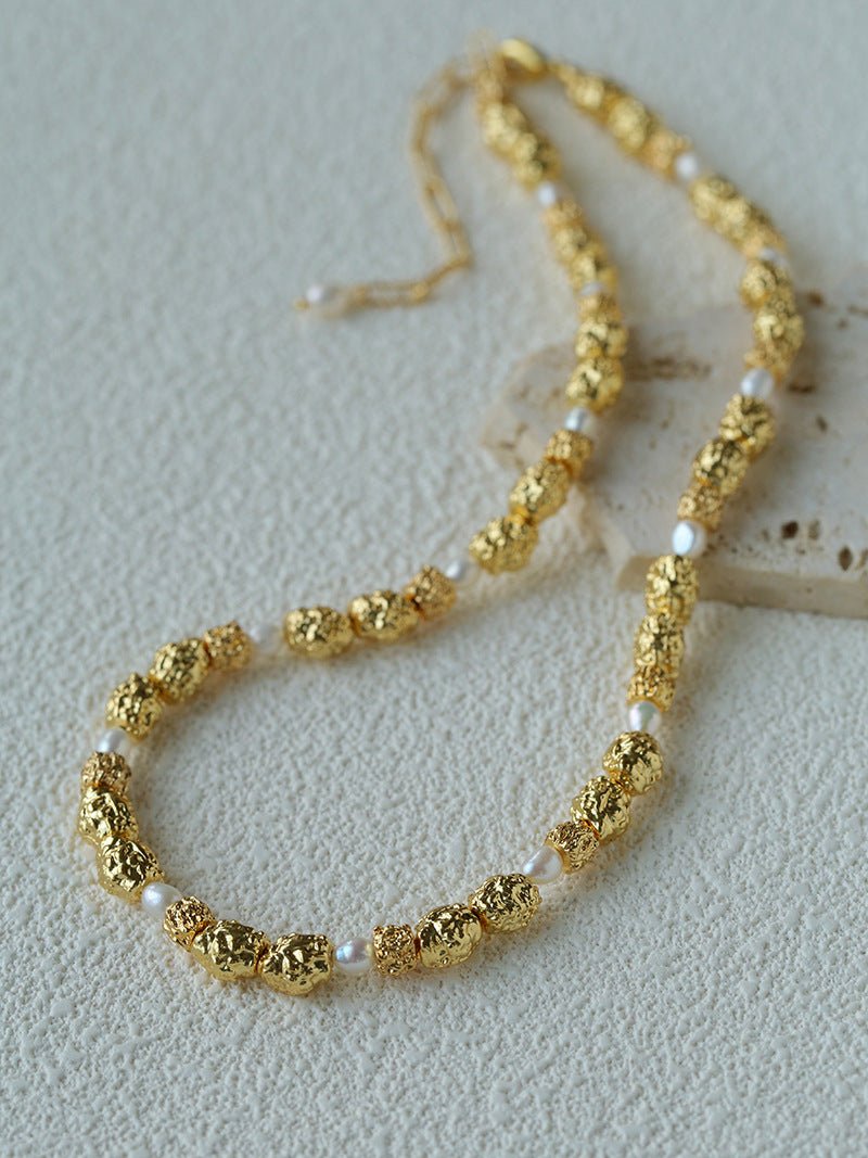 Vintage Lava Textured Gold Bean Freshwater Pearl Collarbone Necklace - floysun