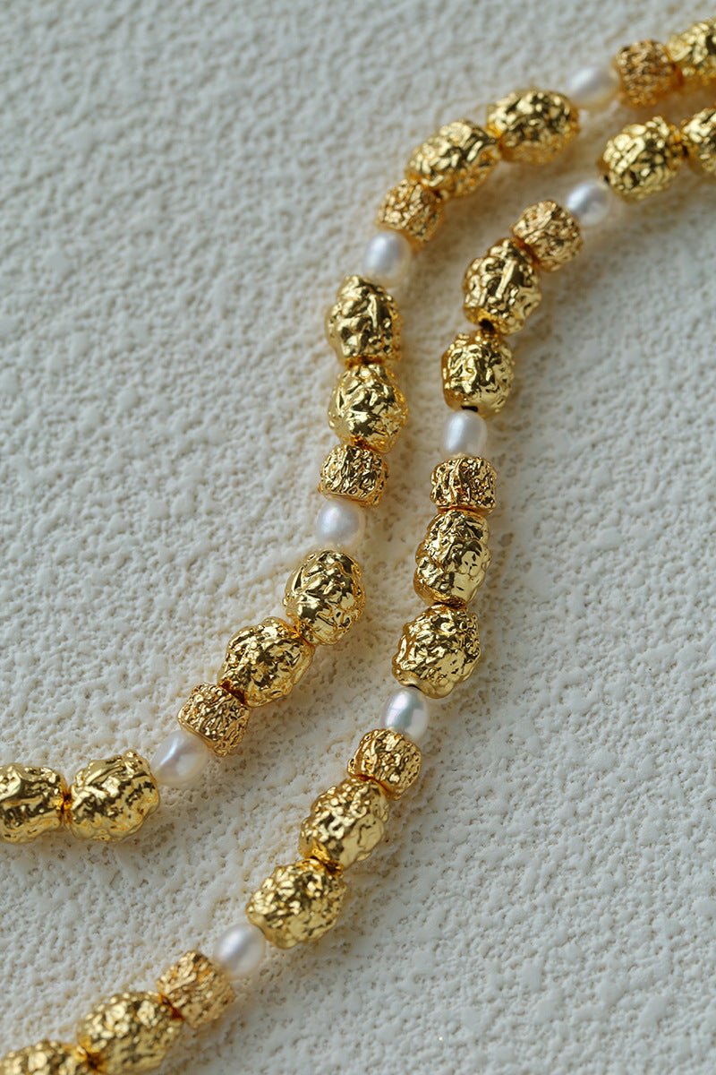Vintage Lava Textured Gold Bean Freshwater Pearl Collarbone Necklace - floysun