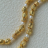Vintage Lava Textured Gold Bean Freshwater Pearl Collarbone Necklace - floysun