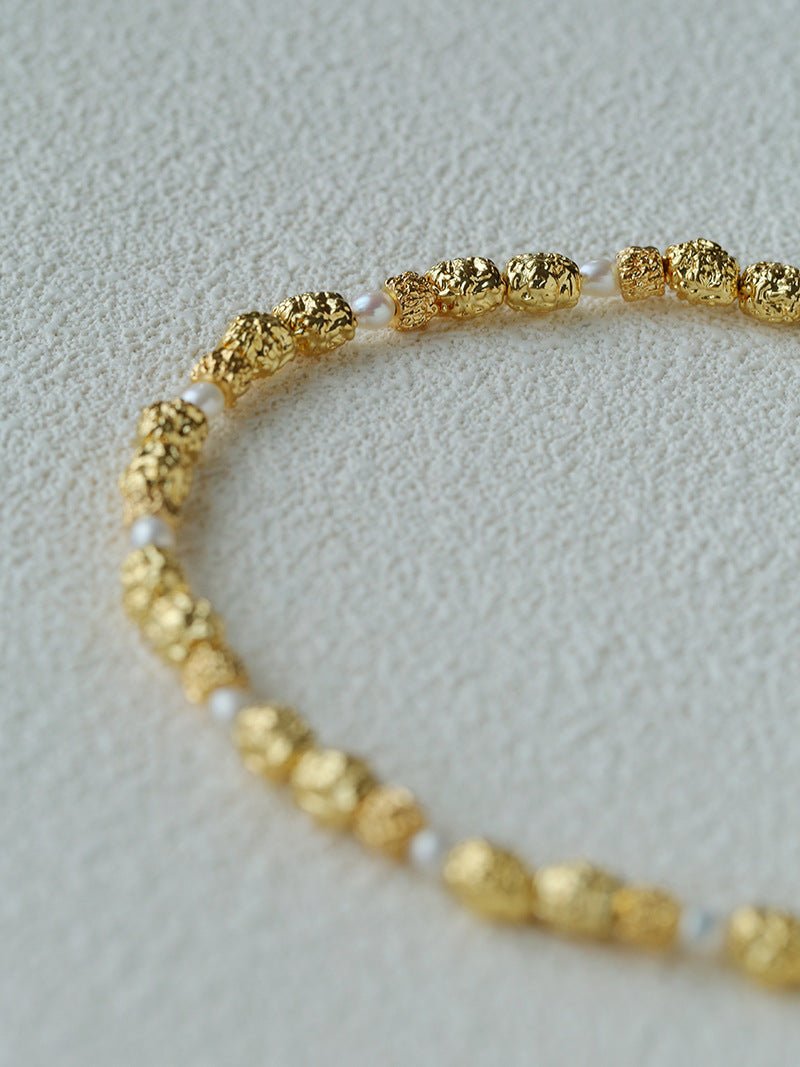 Vintage Lava Textured Gold Bean Freshwater Pearl Stack Bracelet - floysun