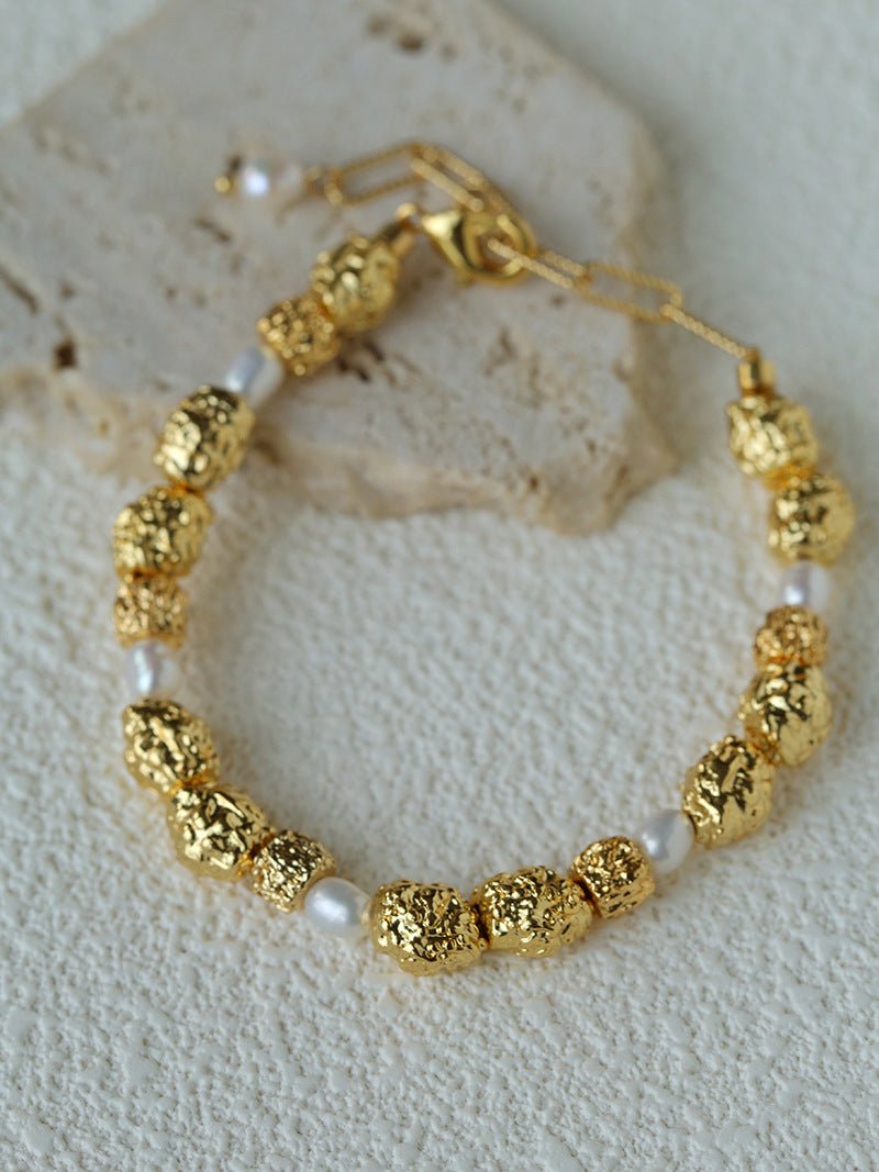 Vintage Lava Textured Gold Bean Freshwater Pearl Stack Bracelet - floysun