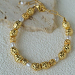 Vintage Lava Textured Gold Bean Freshwater Pearl Stack Bracelet - floysun