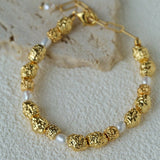 Vintage Lava Textured Gold Bean Freshwater Pearl Stack Bracelet - floysun