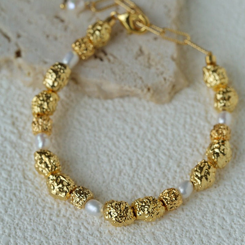 Vintage Lava Textured Gold Bean Freshwater Pearl Stack Bracelet - floysun