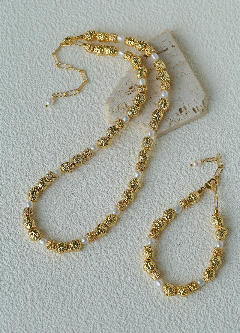 Vintage Lava Textured Gold Bean Freshwater Pearl Stack Bracelet - floysun