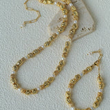 Vintage Lava Textured Gold Bean Freshwater Pearl Stack Bracelet - floysun