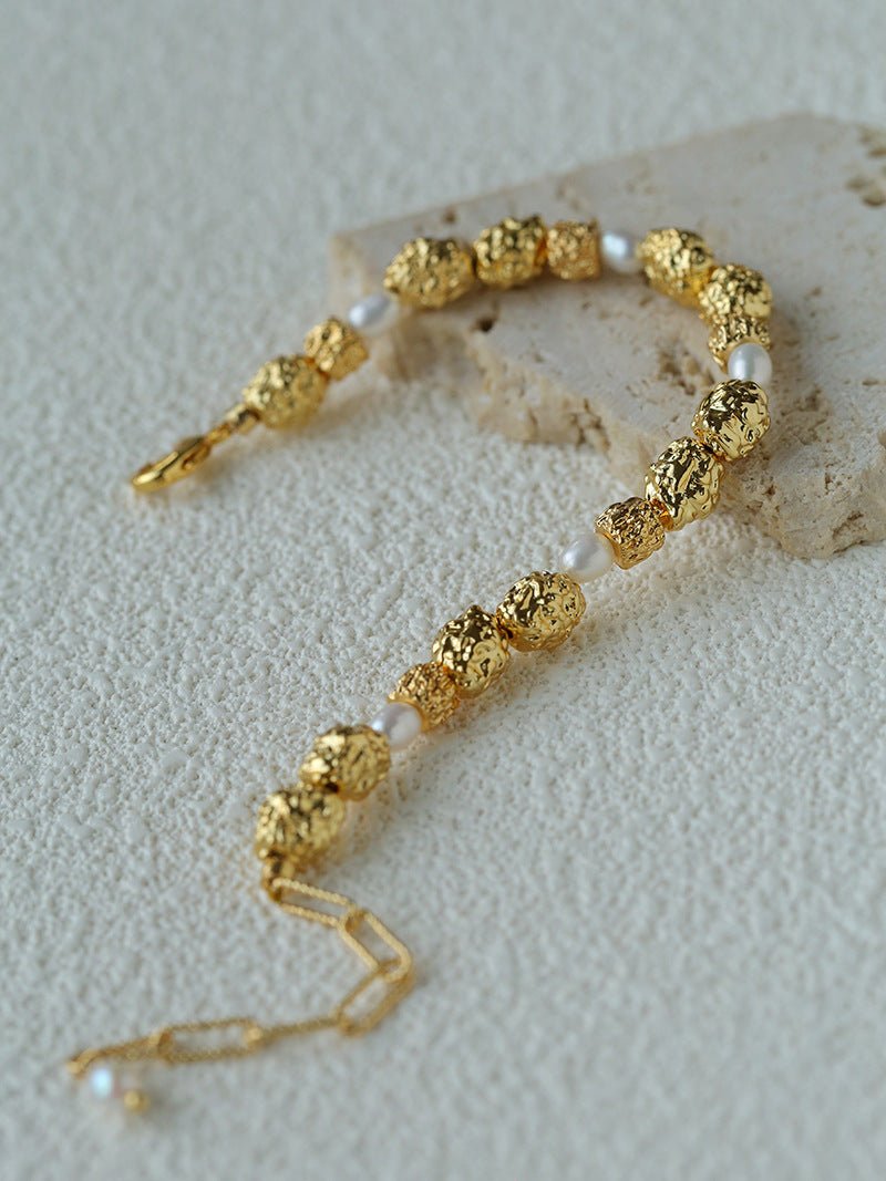 Vintage Lava Textured Gold Bean Freshwater Pearl Stack Bracelet - floysun