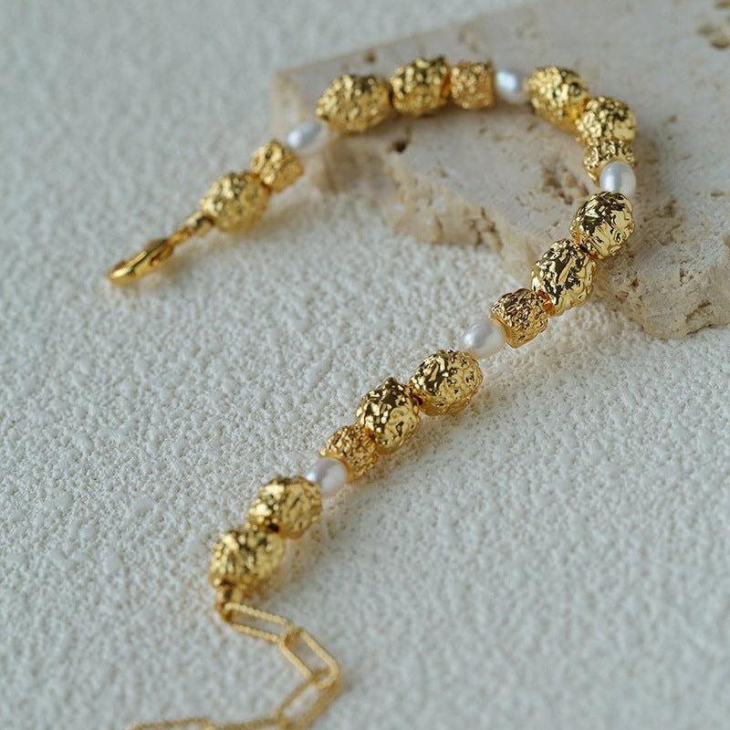 Vintage Lava Textured Gold Bean Freshwater Pearl Stack Bracelet - floysun