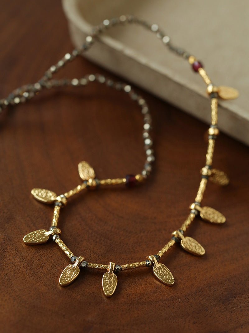 Vintage Leaf Multi‑Charm Pyrite Hand‑Strung Necklace - floysun