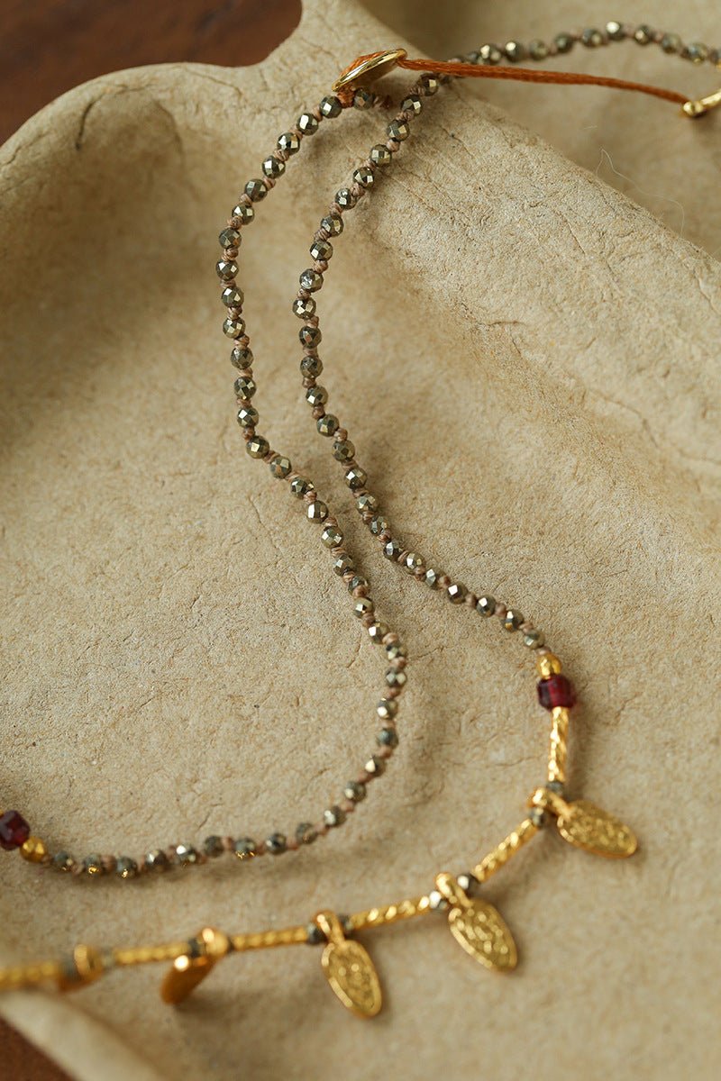 Vintage Leaf Multi‑Charm Pyrite Hand‑Strung Necklace - floysun