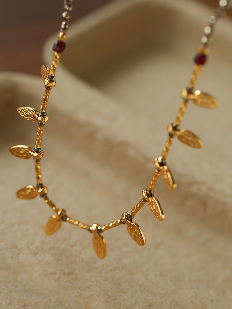 Vintage Leaf Multi‑Charm Pyrite Hand‑Strung Necklace - floysun