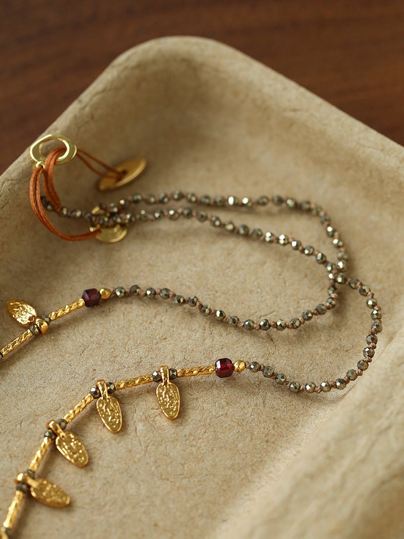 Vintage Leaf Multi‑Charm Pyrite Hand‑Strung Necklace - floysun