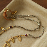 Vintage Leaf Multi‑Charm Pyrite Hand‑Strung Necklace - floysun