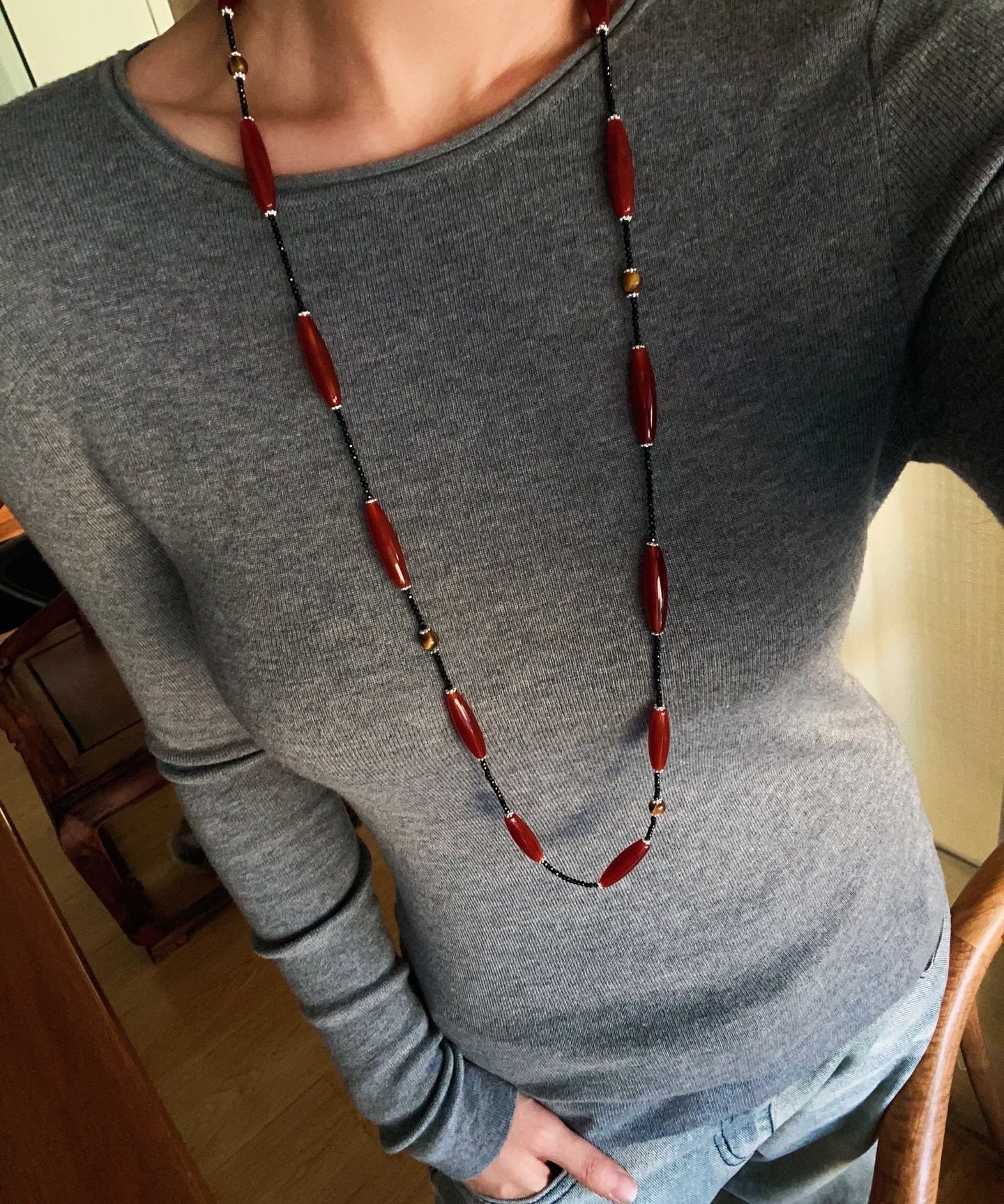 Vintage Long Agate & Black Spinel Necklace - floysun
