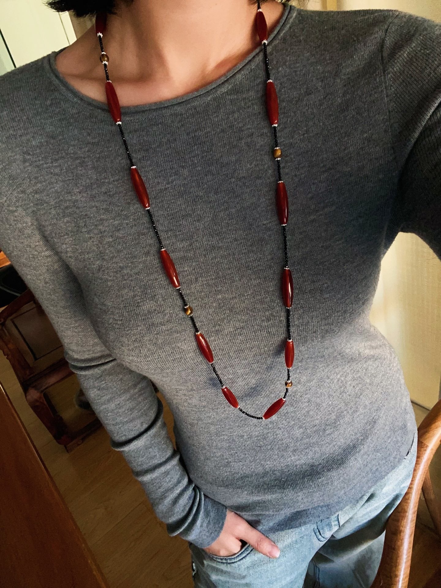 Vintage Long Agate & Black Spinel Necklace - floysun