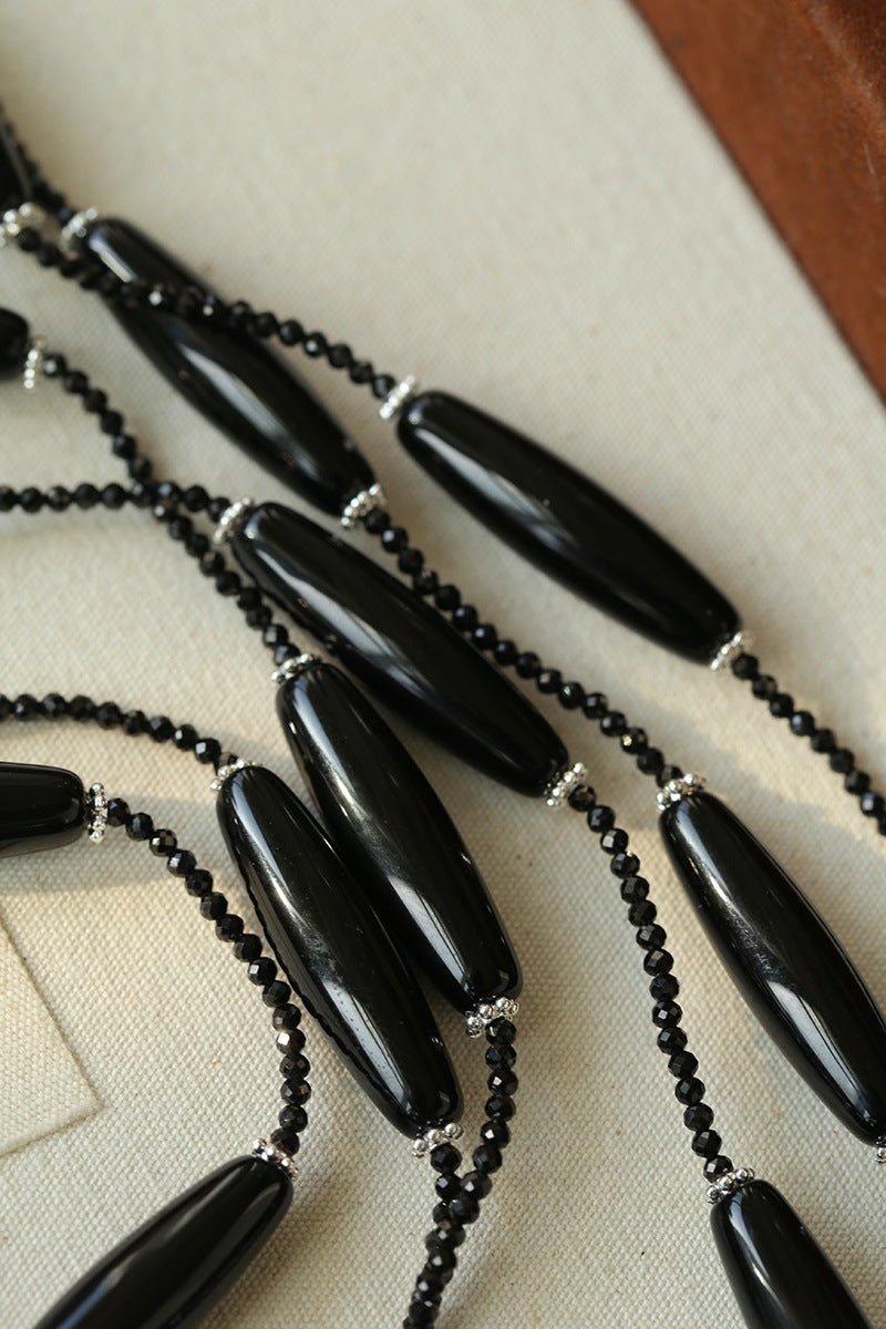 Vintage Long Agate & Black Spinel Necklace - floysun