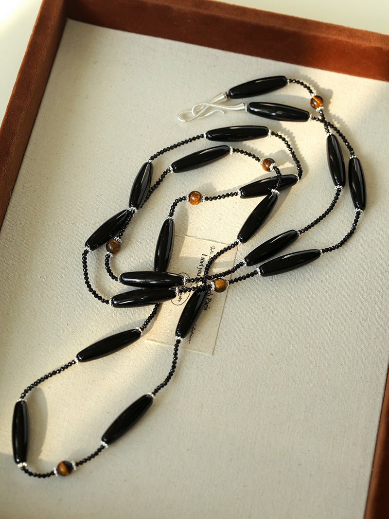 Vintage Long Agate & Black Spinel Necklace - floysun