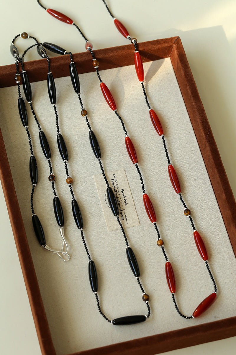 Vintage Long Agate & Black Spinel Necklace - floysun