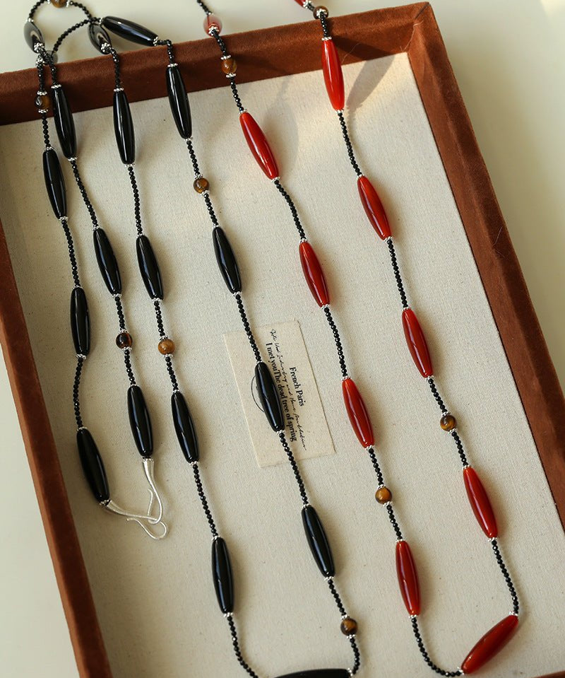 Vintage Long Agate & Black Spinel Necklace - floysun