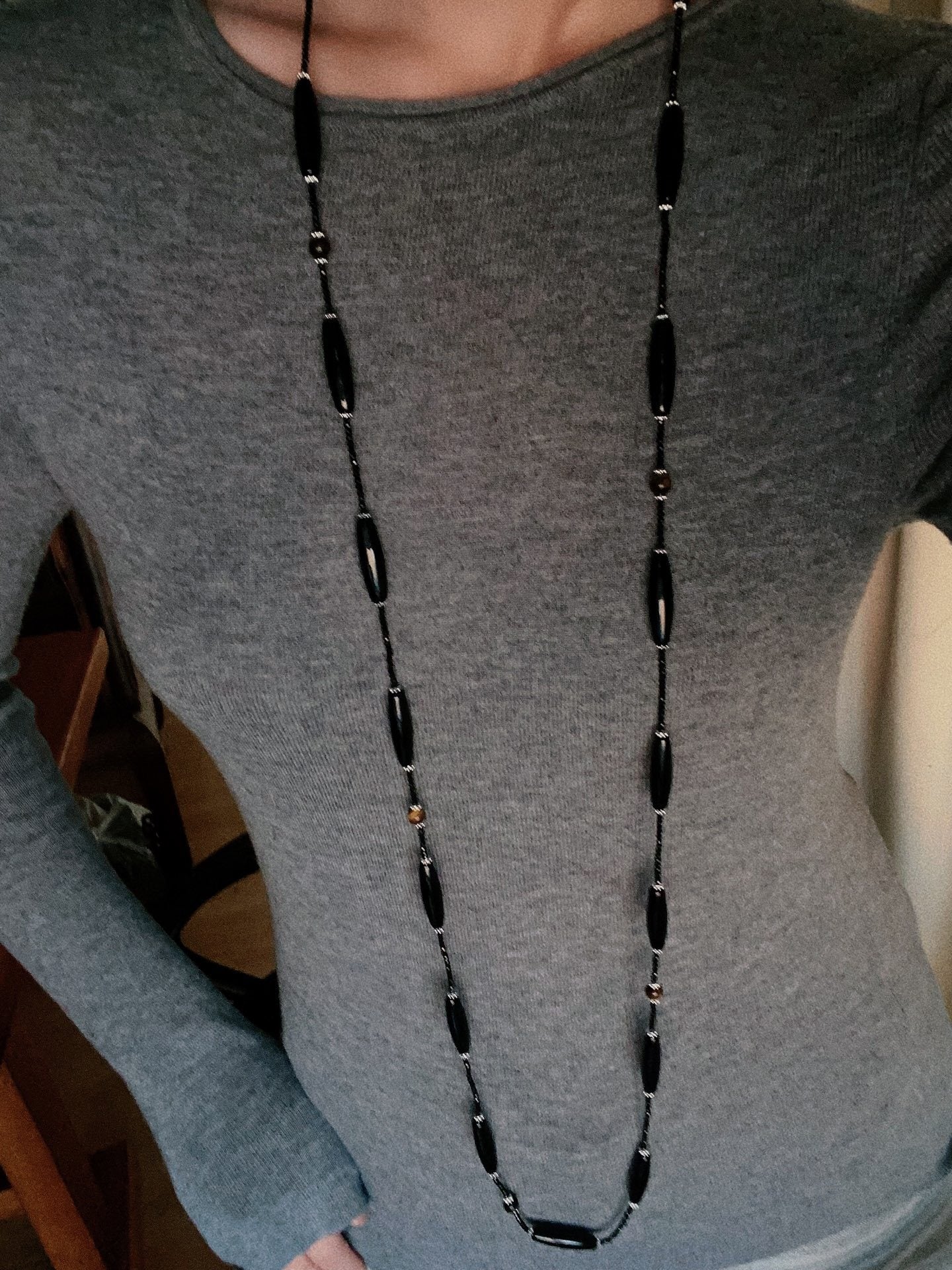 Vintage Long Agate & Black Spinel Necklace - floysun