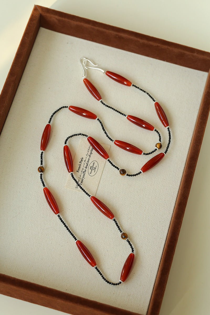 Vintage Long Agate & Black Spinel Necklace - floysun