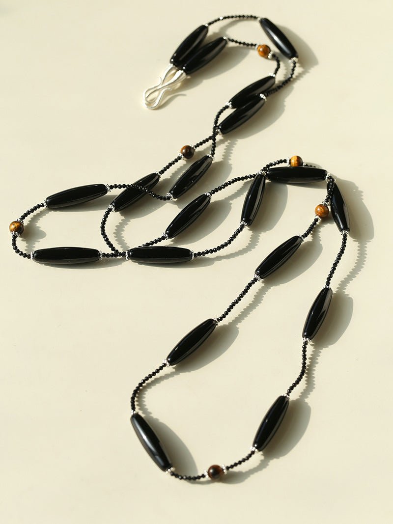 Vintage Long Agate & Black Spinel Necklace - floysun