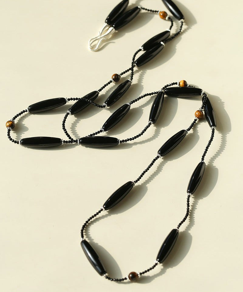 Vintage Long Agate & Black Spinel Necklace - floysun