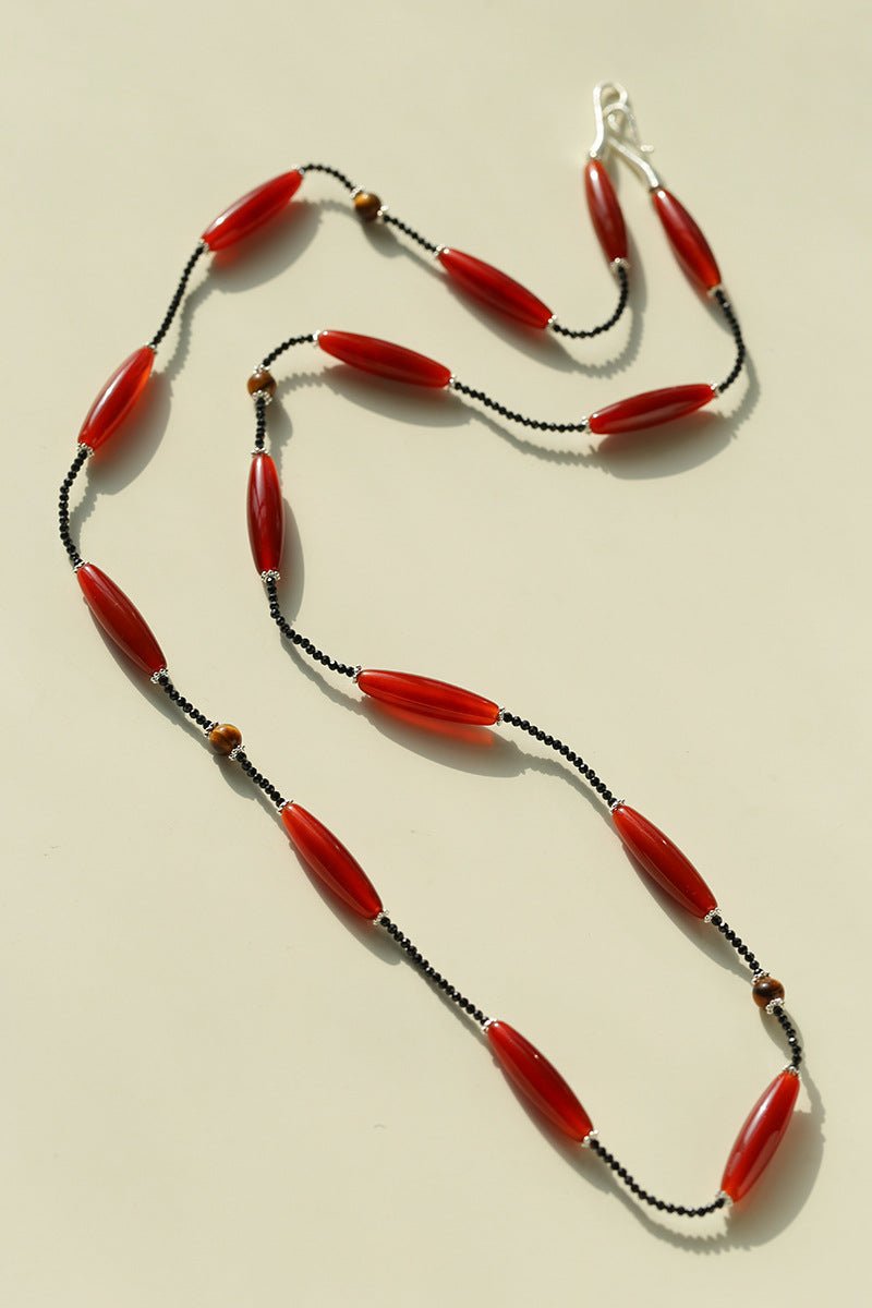 Vintage Long Agate & Black Spinel Necklace - floysun
