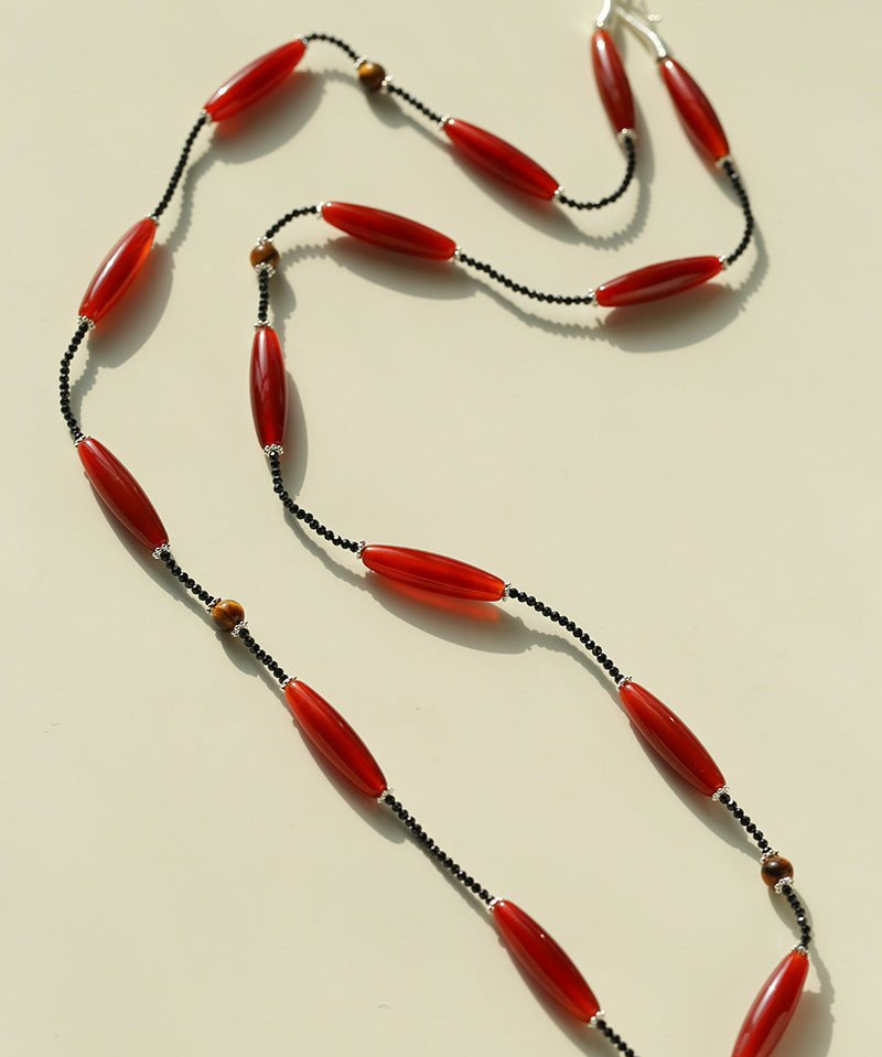 Vintage Long Agate & Black Spinel Necklace - floysun
