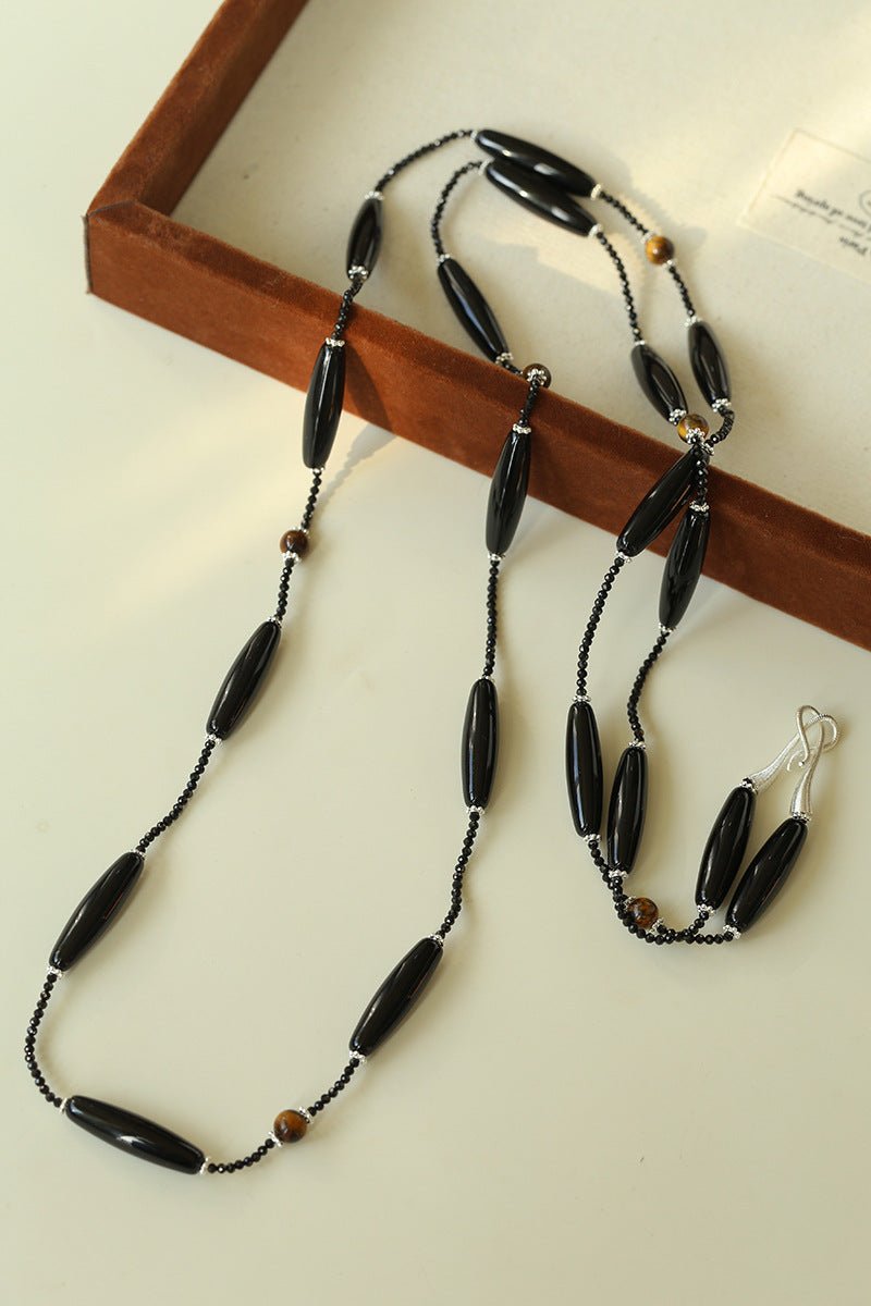 Vintage Long Agate & Black Spinel Necklace - floysun