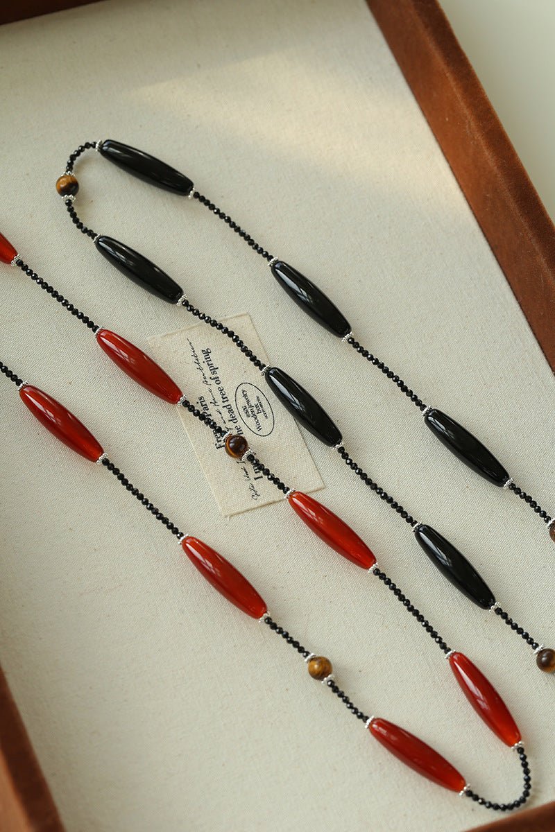 Vintage Long Agate & Black Spinel Necklace - floysun