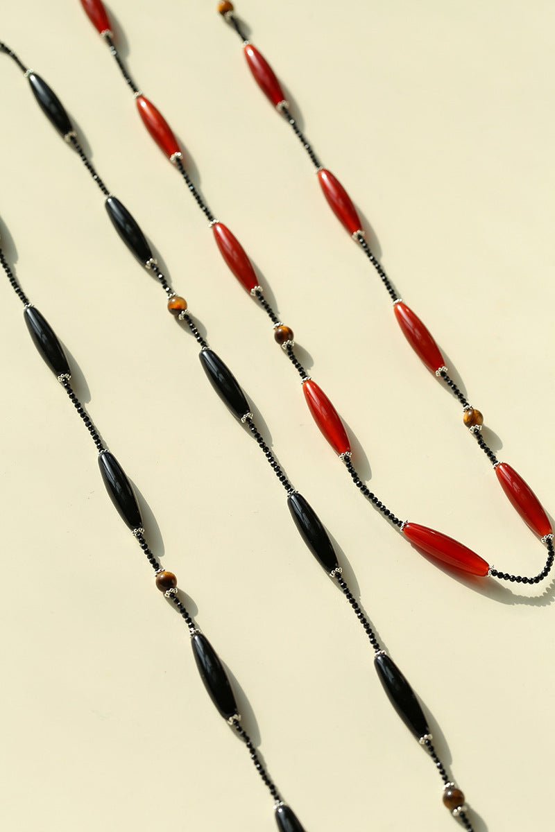 Vintage Long Agate & Black Spinel Necklace - floysun