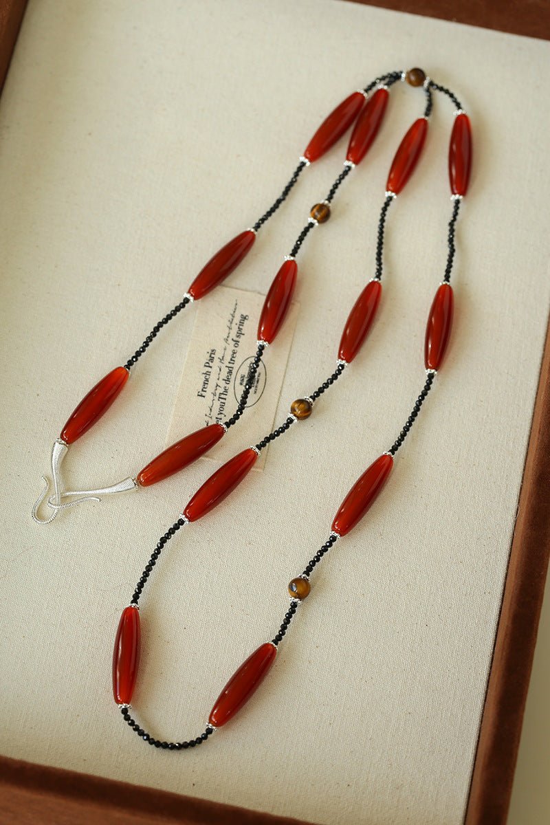 Vintage Long Agate & Black Spinel Necklace - floysun