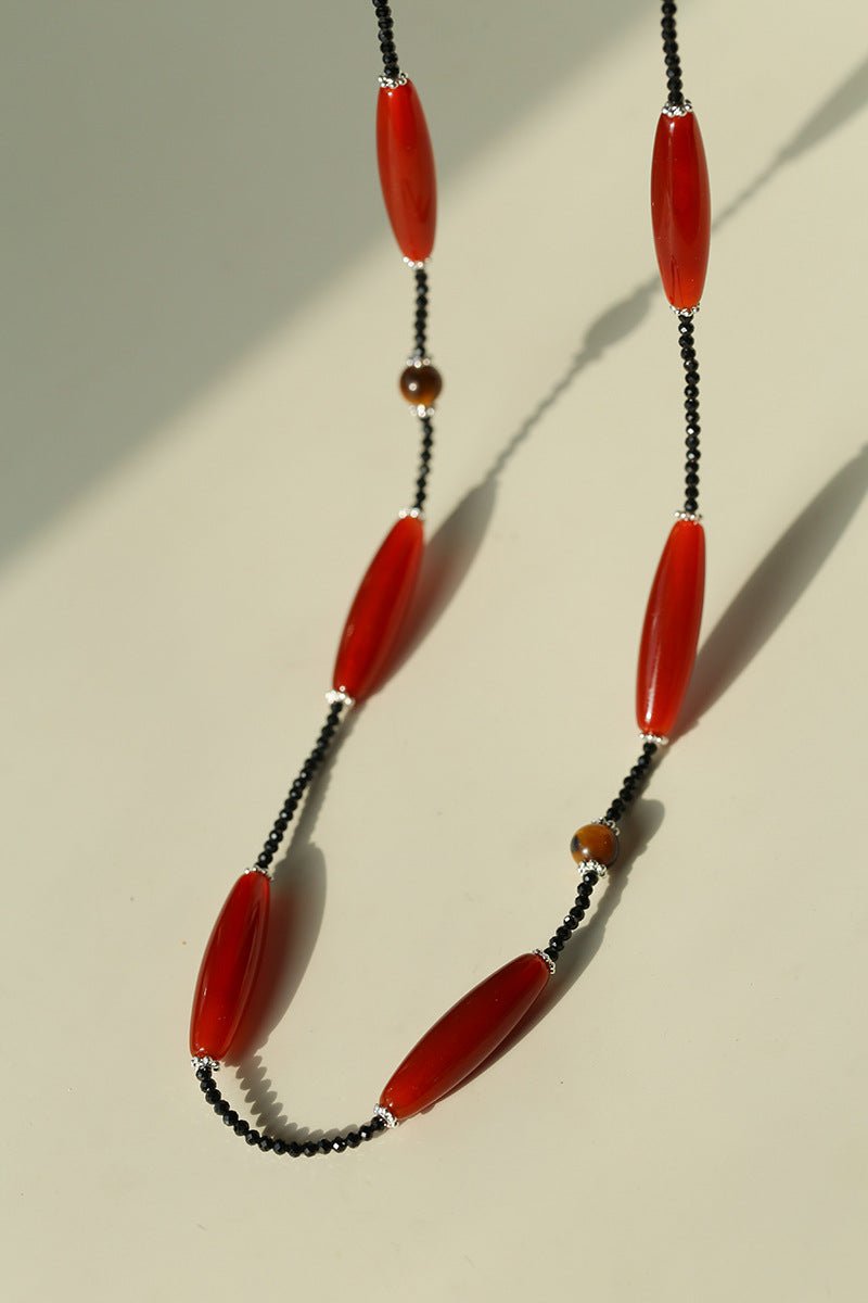 Vintage Long Agate & Black Spinel Necklace - floysun