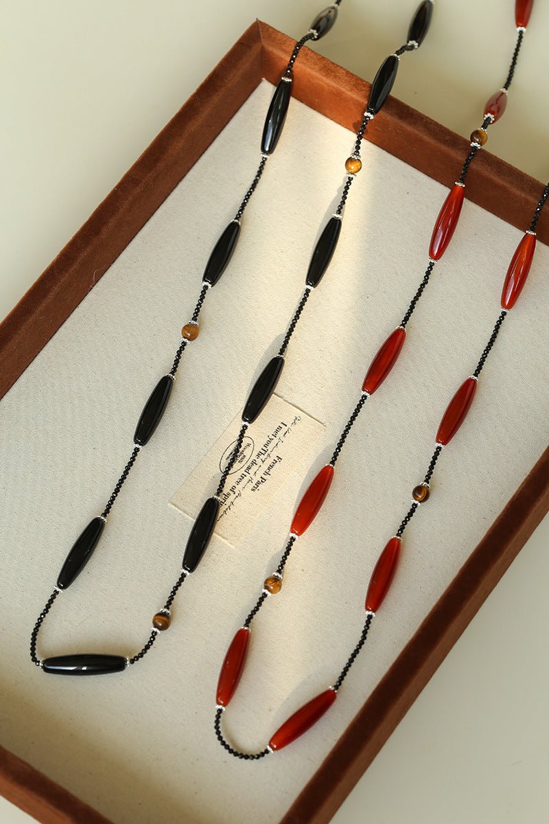 Vintage Long Agate & Black Spinel Necklace - floysun