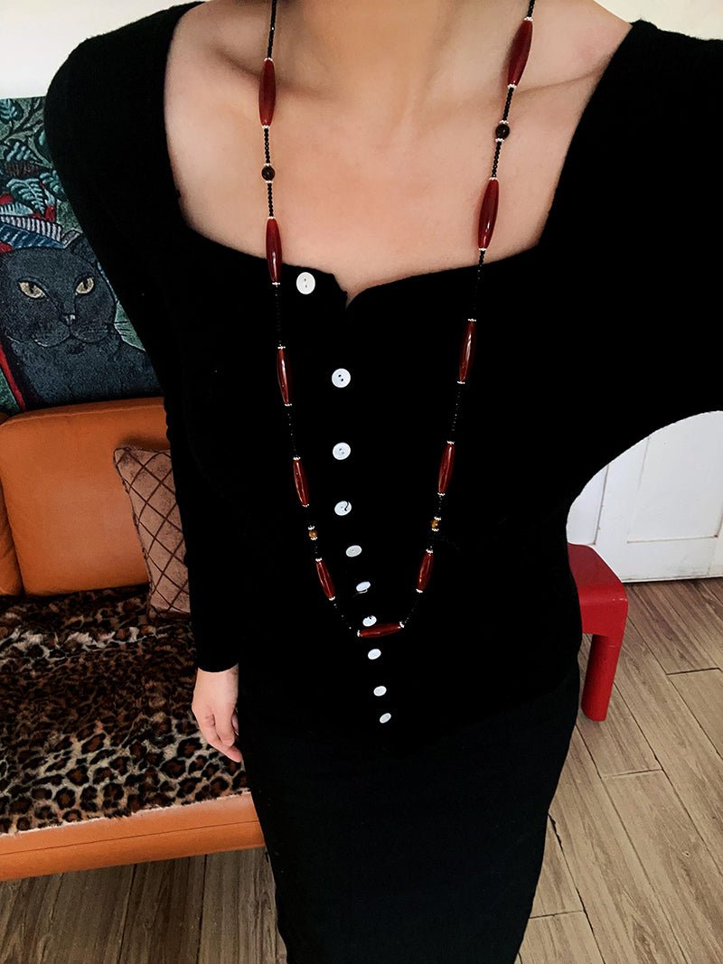 Vintage Long Agate & Black Spinel Necklace - floysun