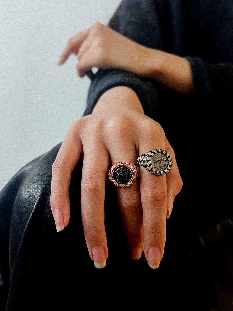 Vintage Luxury 925 Silver Engraved Goddess & Bacchus Coin Ring - floysun