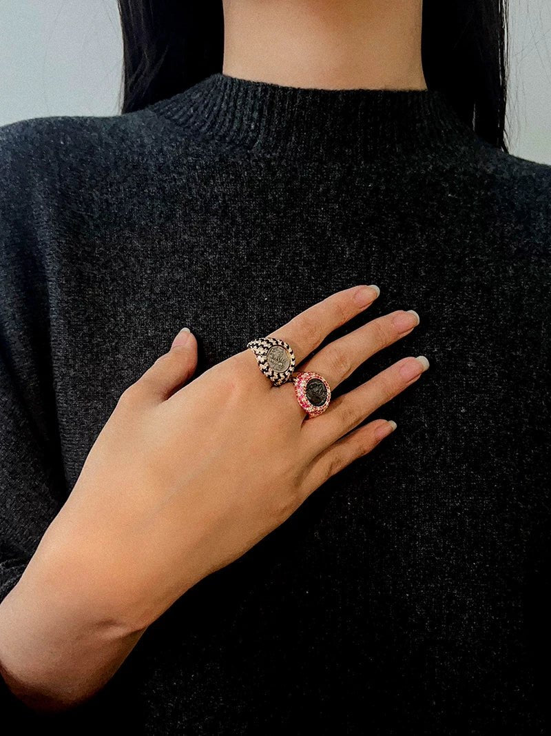 Vintage Luxury 925 Silver Engraved Goddess & Bacchus Coin Ring - floysun