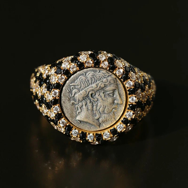 Vintage Luxury 925 Silver Engraved Goddess & Bacchus Coin Ring - floysun