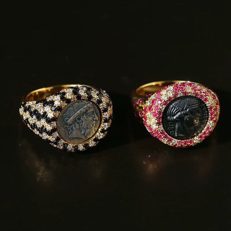 Vintage Luxury 925 Silver Engraved Goddess & Bacchus Coin Ring - floysun