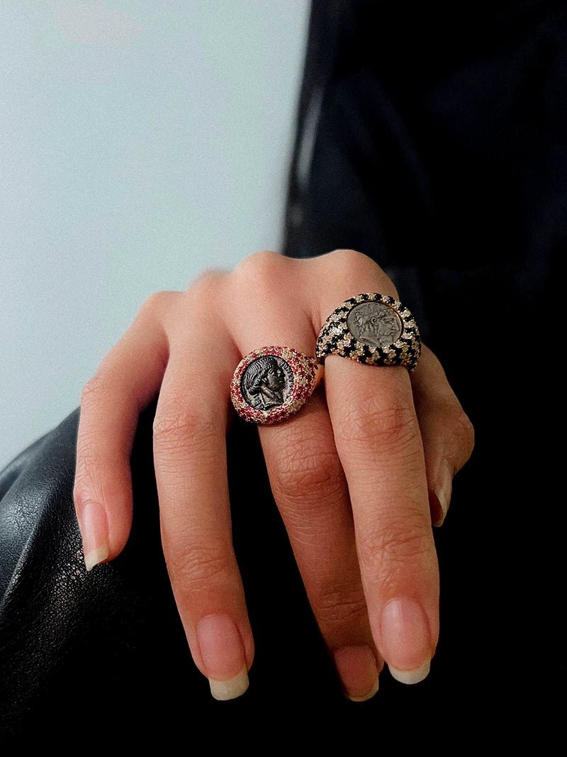 Vintage Luxury 925 Silver Engraved Goddess & Bacchus Coin Ring - floysun